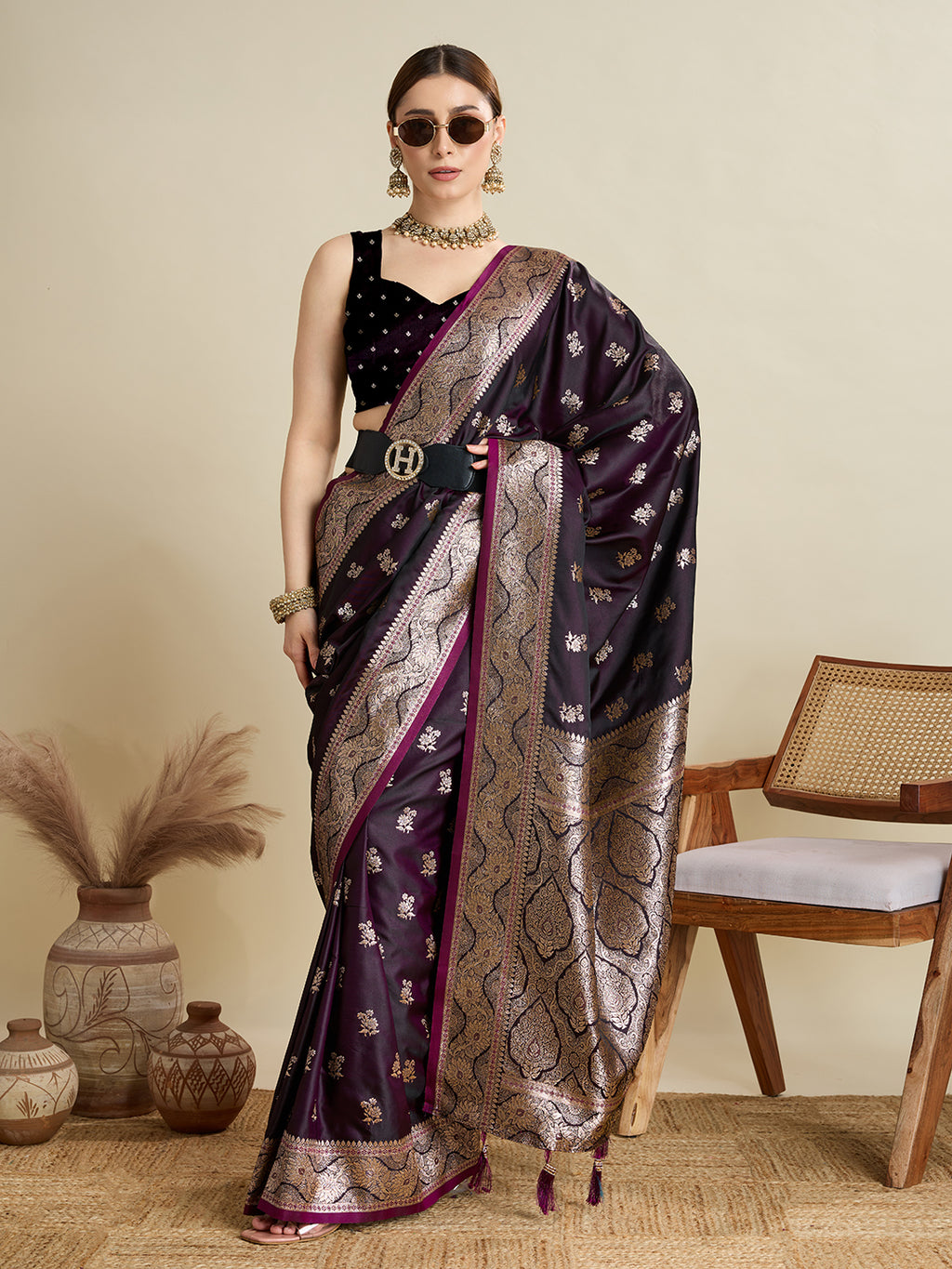 Soft Satin Silk Wine  Saree with Rich Zari Motifs, Contrast Border & Elegant Blouse