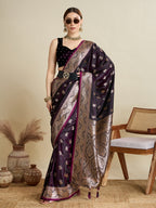 Soft Satin Silk Wine  Saree with Rich Zari Motifs, Contrast Border & Elegant Blouse