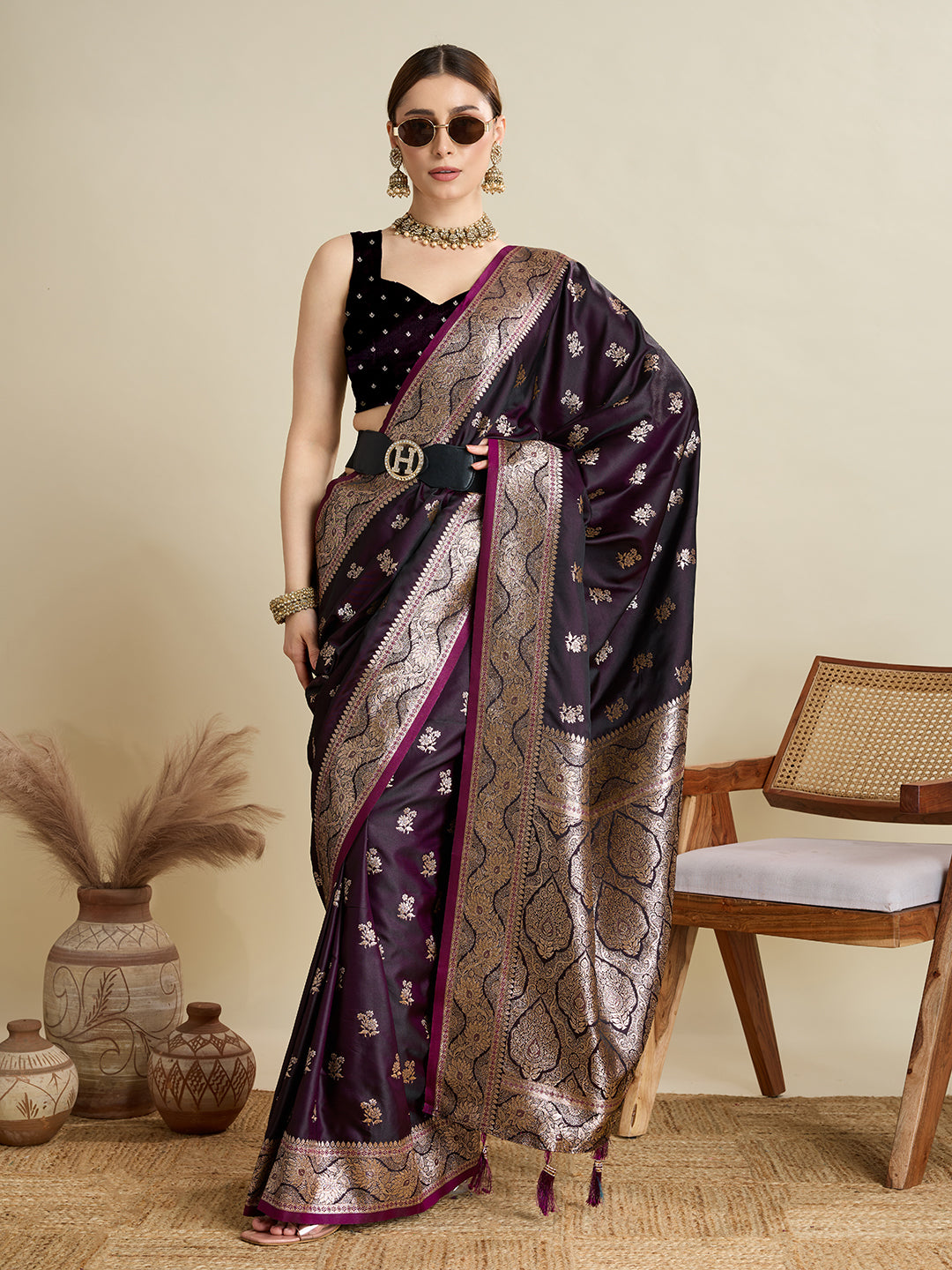 Soft Satin Silk Wine  Saree with Rich Zari Motifs, Contrast Border & Elegant Blouse