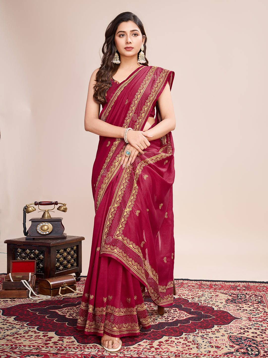 Soft Vichitra Silk MAroon Saree with Intricate Multicolor Floral Work & Coordinated Embroidered
