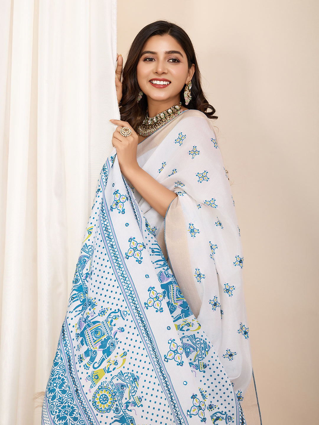 Blue & White Semi-Cotton Saree with Zari Border – Soft, Traditional & Elegant