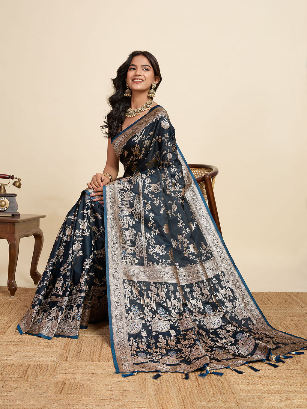 Premium Black Two-Tone Satin Soft Silk Saree with All Over Zari Work & Contrast Woven Border