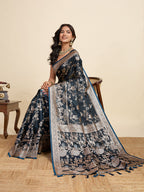 Premium Black Two-Tone Satin Soft Silk Saree with All Over Zari Work & Contrast Woven Border