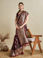 Soft Satin Silk Maroon Saree with Rich Zari Motifs, Contrast Border & Elegant Blouse