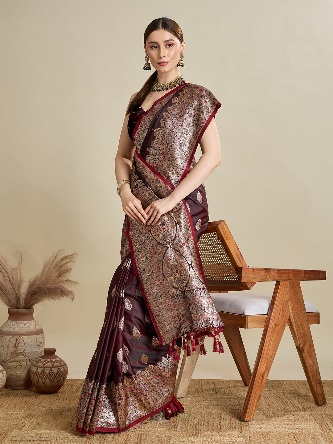 Soft Satin Silk Maroon Saree with Rich Zari Motifs, Contrast Border & Elegant Blouse