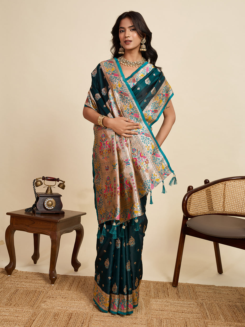 Green Soft Silk Saree in Premium Two-Tone Satin with Paithani Design, Rich Zari Pallu & Contrast Mina Border