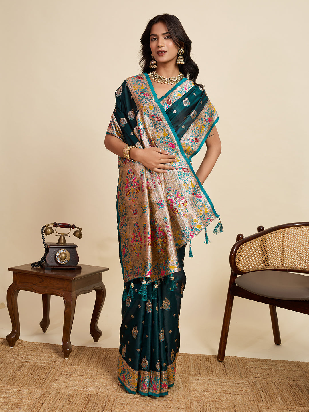 Green Soft Silk Saree in Premium Two-Tone Satin with Paithani Design, Rich Zari Pallu & Contrast Mina Border