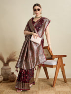Soft Satin Silk Maroon Saree with Rich Zari Motifs, Contrast Border & Elegant Blouse