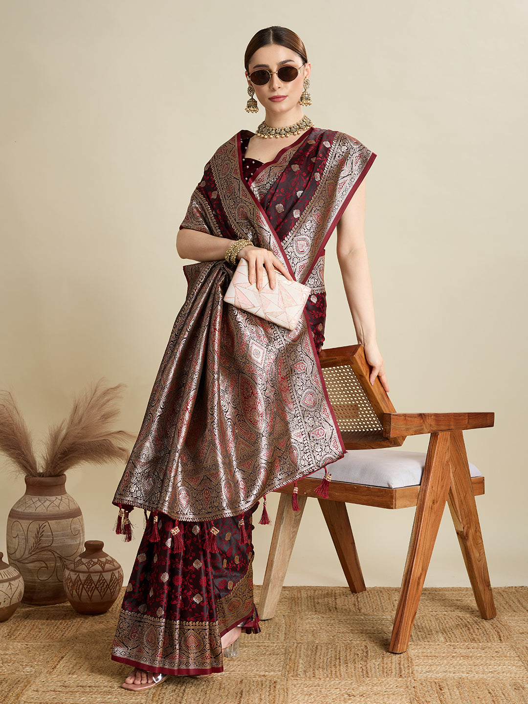 Soft Satin Silk Maroon Saree with Rich Zari Motifs, Contrast Border & Elegant Blouse