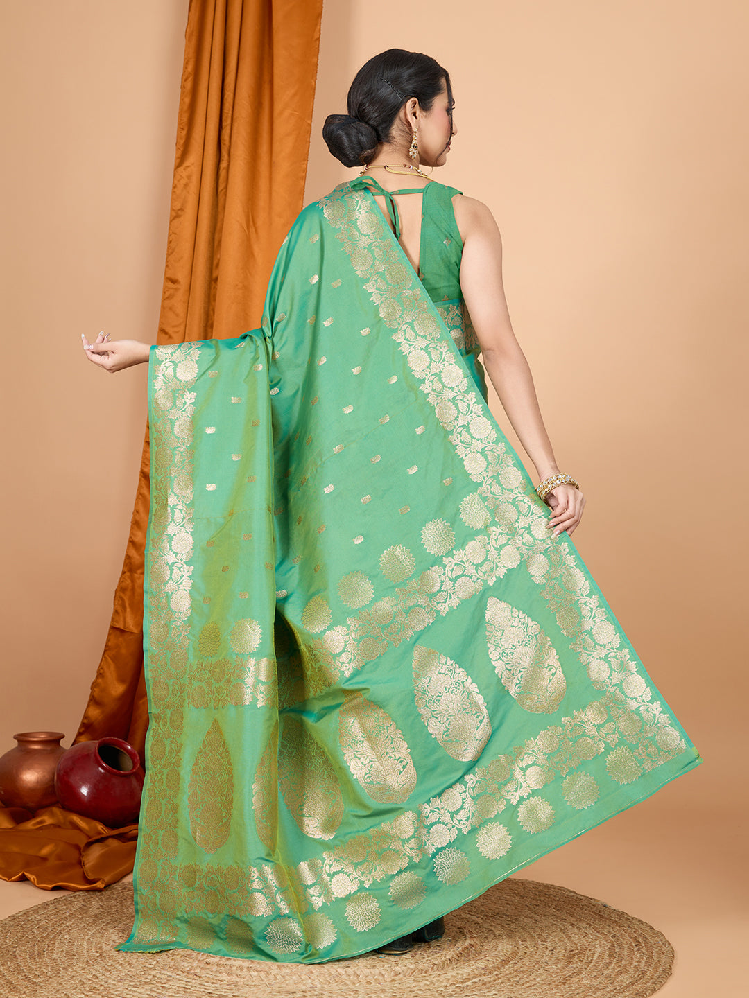 Green Soft Banarasi Silk Saree Featuring Meenakari Zari Weaving & Tassels on Pallu