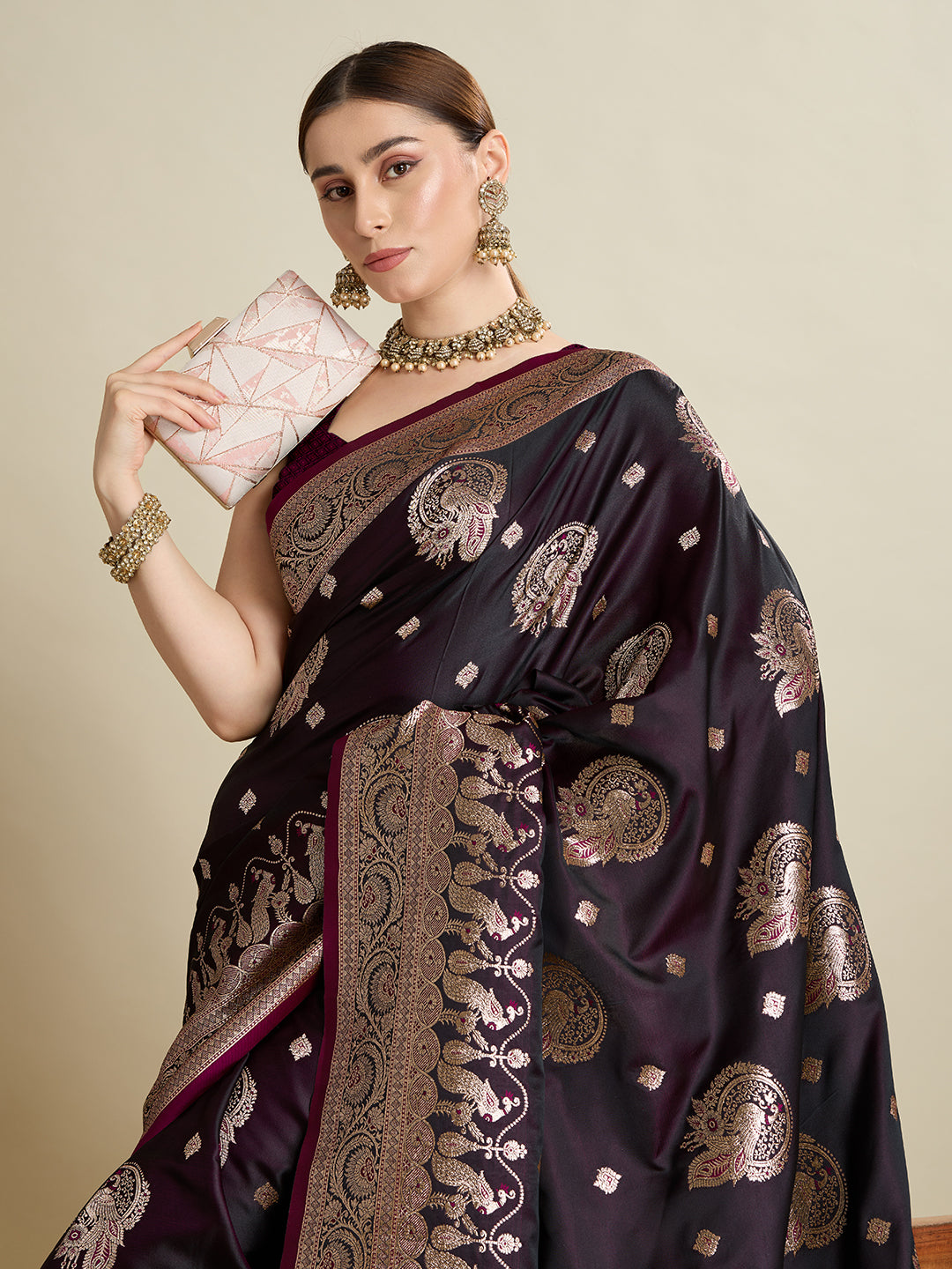 Soft Satin Silk Wine  Saree with Rich Zari Motifs, Contrast Border & Elegant Blouse