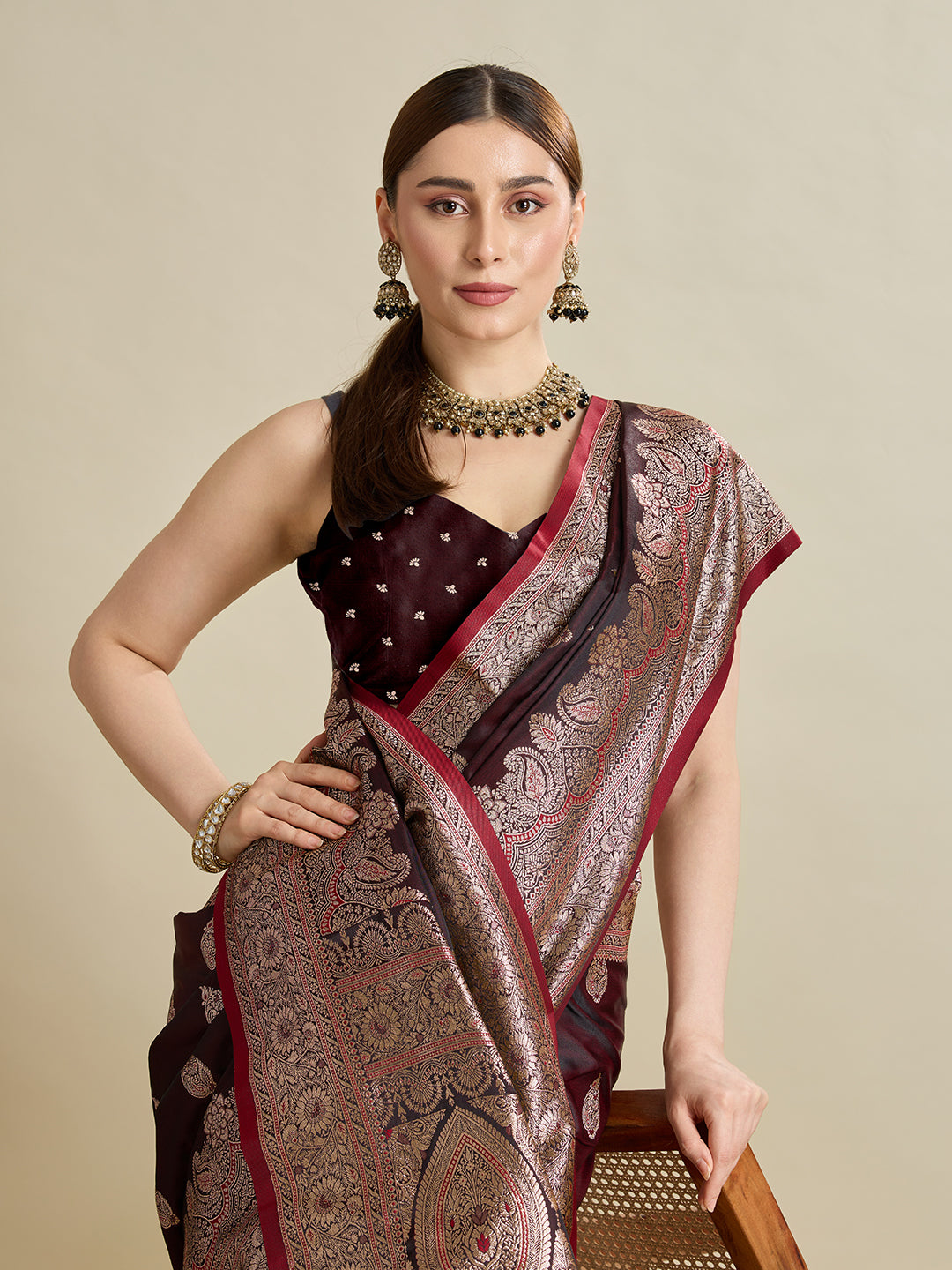 Soft Satin Silk Maroon Saree with Rich Zari Motifs, Contrast Border & Elegant Blouse