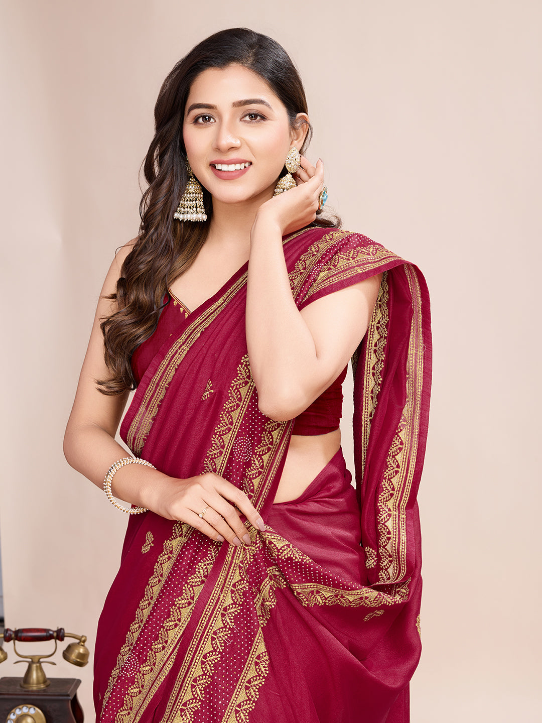 Soft Vichitra Silk MAroon Saree with Intricate Multicolor Floral Work & Coordinated Embroidered