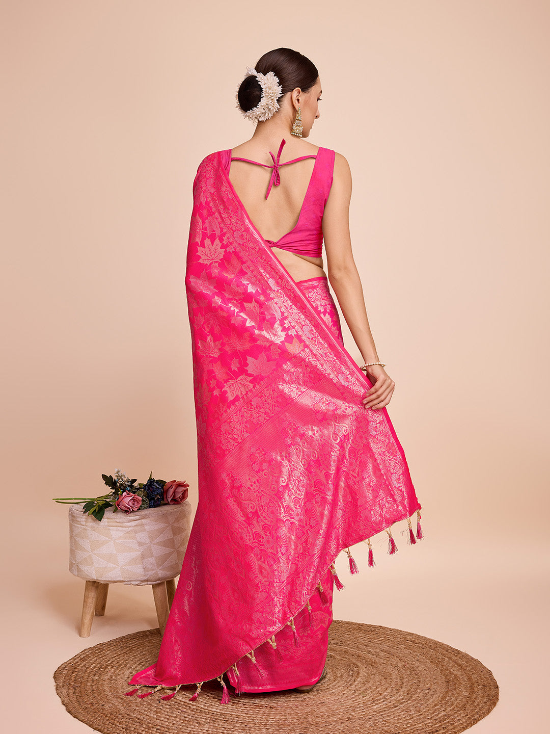 Pink Pure Silk Saree with Double Zari Weaving & Soft Zari Border