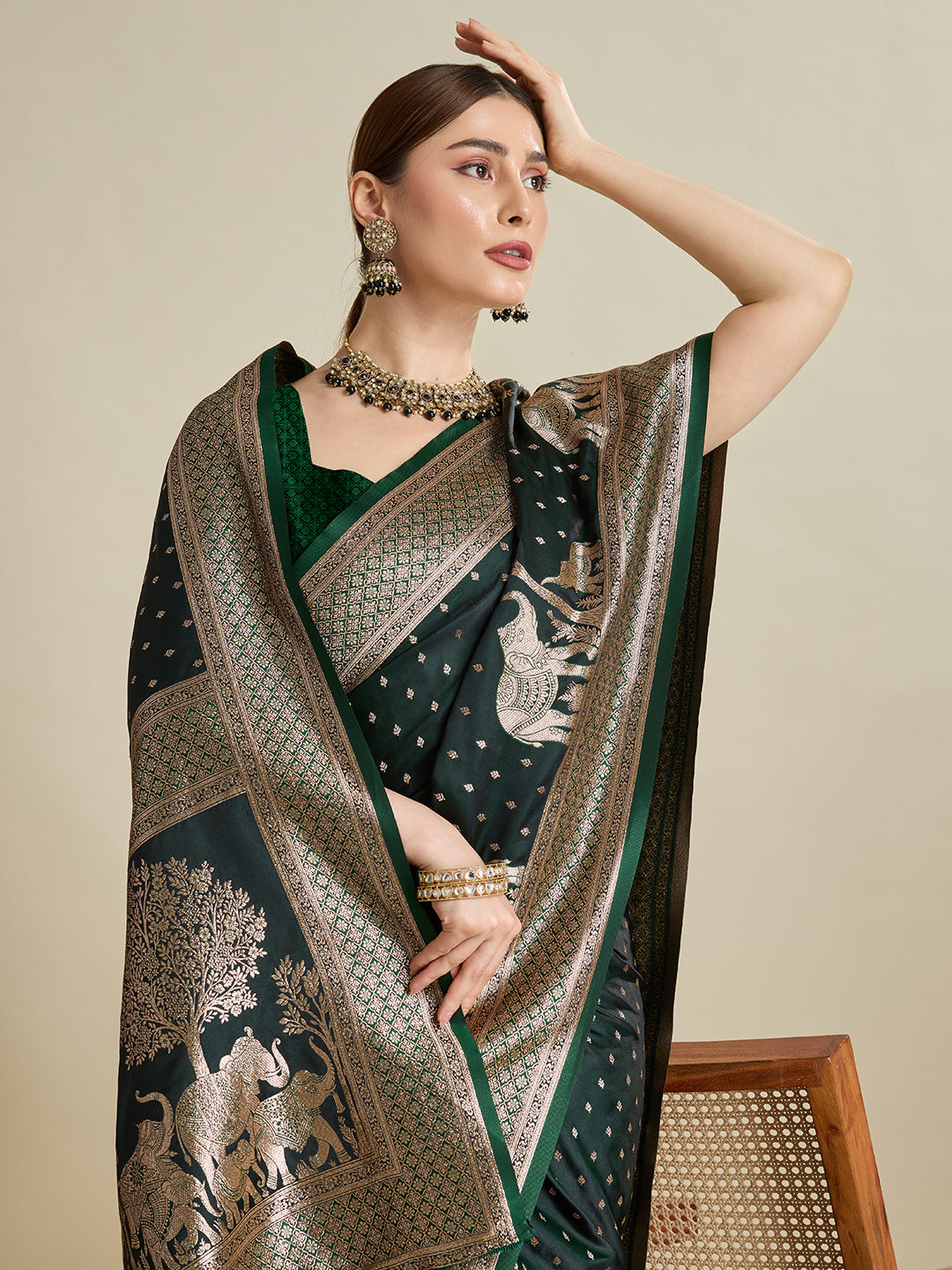 Soft Satin Silk Green Saree with Rich Zari Motifs, Contrast Border & Elegant Blouse