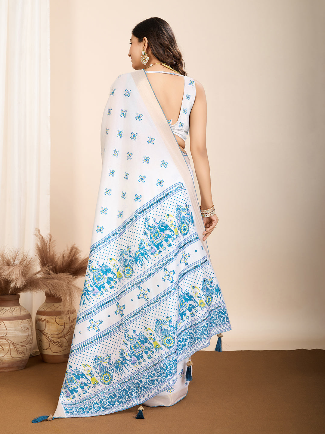Blue & White Semi-Cotton Saree with Zari Border – Soft, Traditional & Elegant