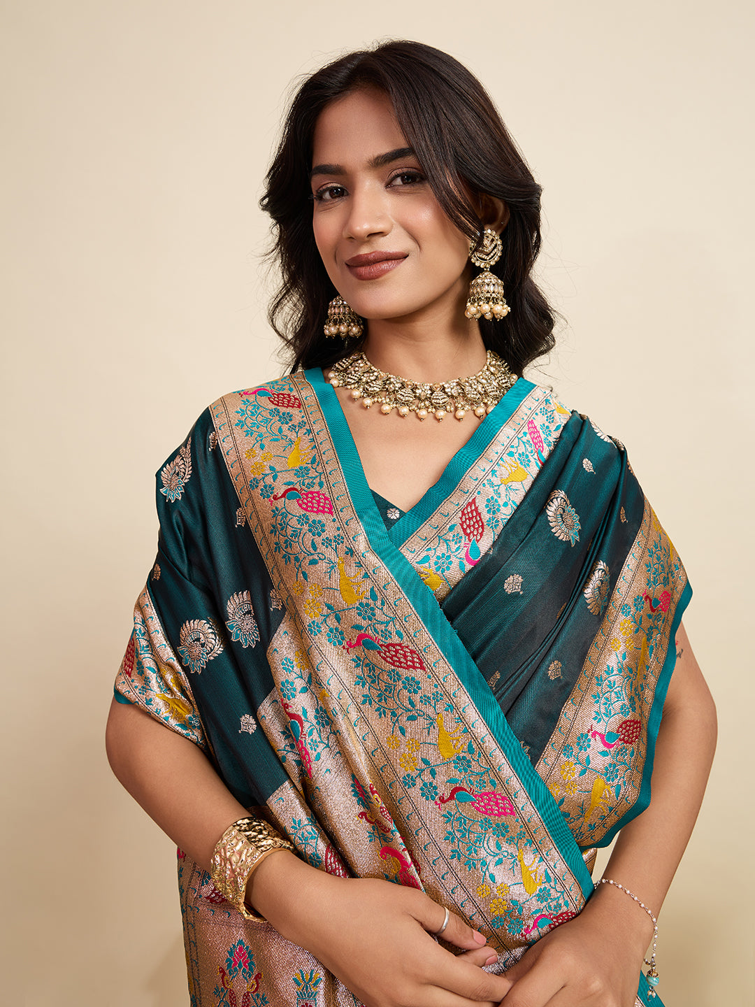 Green Soft Silk Saree in Premium Two-Tone Satin with Paithani Design, Rich Zari Pallu & Contrast Mina Border