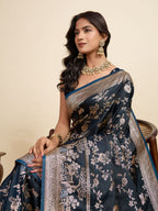Premium Black Two-Tone Satin Soft Silk Saree with All Over Zari Work & Contrast Woven Border