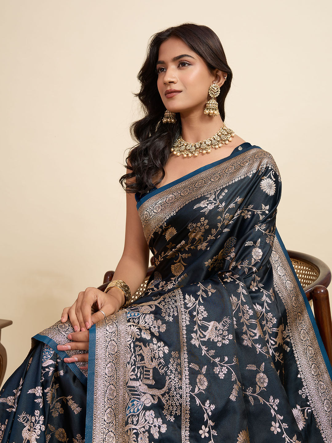 Premium Black Two-Tone Satin Soft Silk Saree with All Over Zari Work & Contrast Woven Border