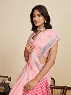 Women's Baby Pink Linen Saree with Jari Border and Blouse – Printed All Over Design