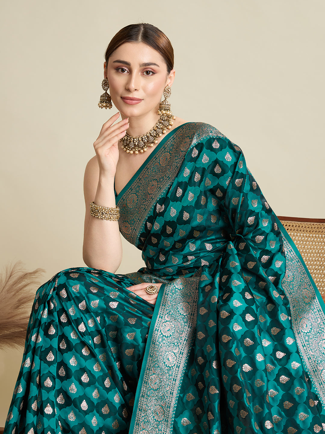 Soft Satin Silk Navy blue Saree with Rich Zari Motifs, Contrast Border & Elegant Blouse