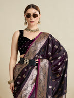 Soft Satin Silk Wine  Saree with Rich Zari Motifs, Contrast Border & Elegant Blouse