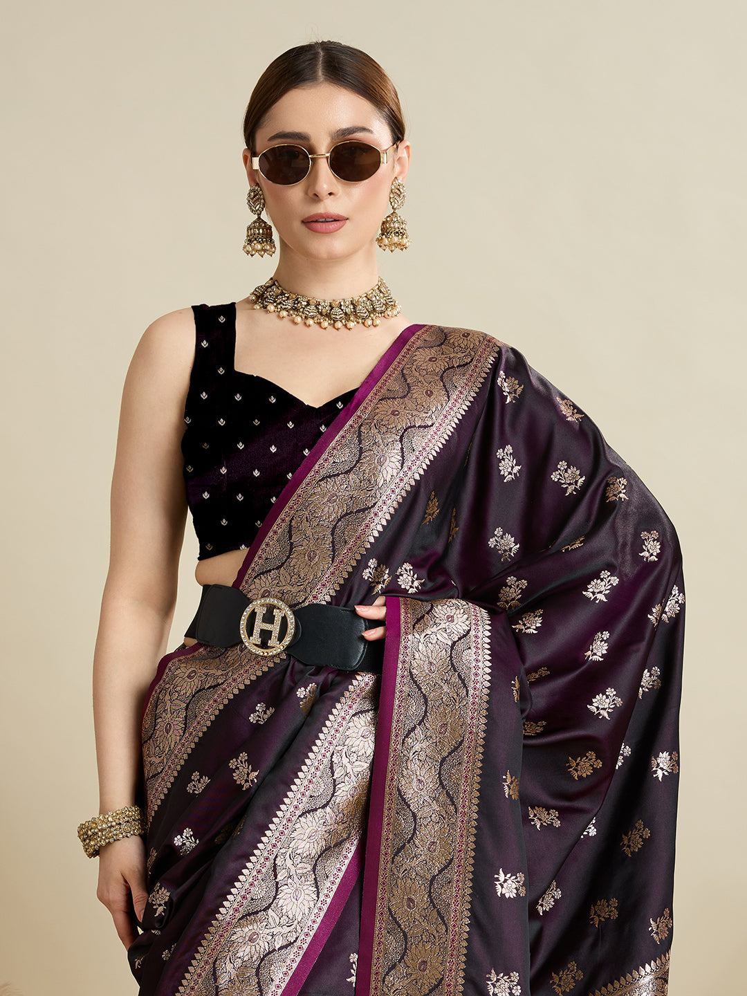 Soft Satin Silk Wine  Saree with Rich Zari Motifs, Contrast Border & Elegant Blouse