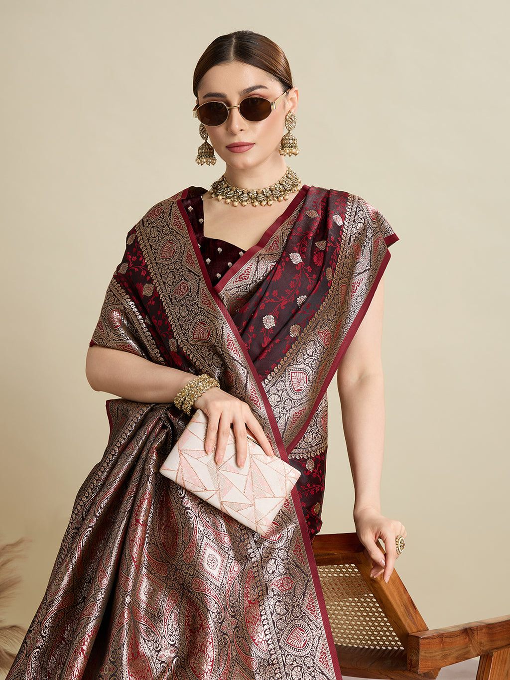 Soft Satin Silk Maroon Saree with Rich Zari Motifs, Contrast Border & Elegant Blouse