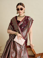 Soft Satin Silk Maroon Saree with Rich Zari Motifs, Contrast Border & Elegant Blouse