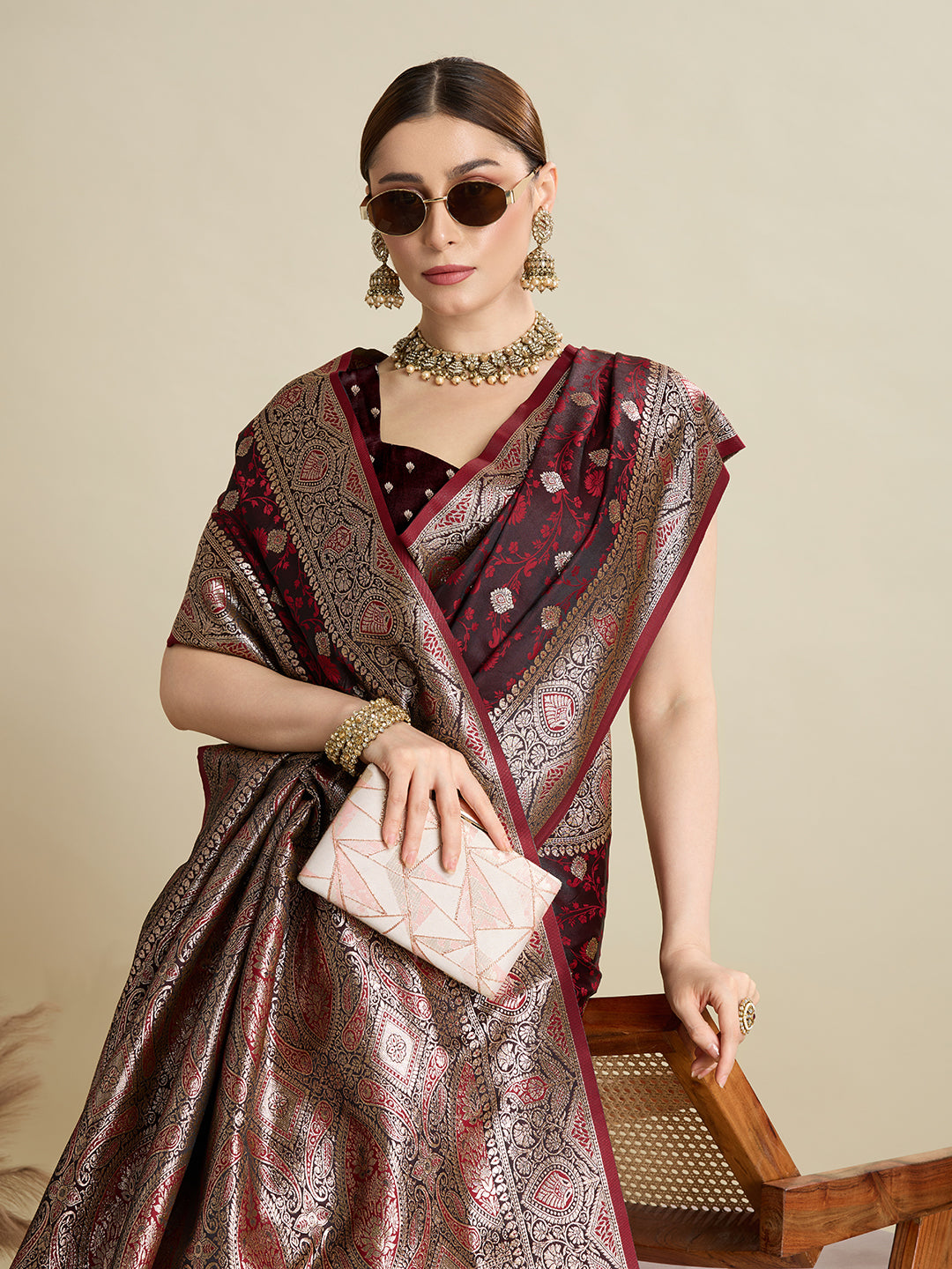 Soft Satin Silk Maroon Saree with Rich Zari Motifs, Contrast Border & Elegant Blouse