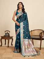 Blue Soft Silk Saree in Premium Two-Tone Satin with Paithani Design, Rich Zari Pallu & Contrast Mina Border