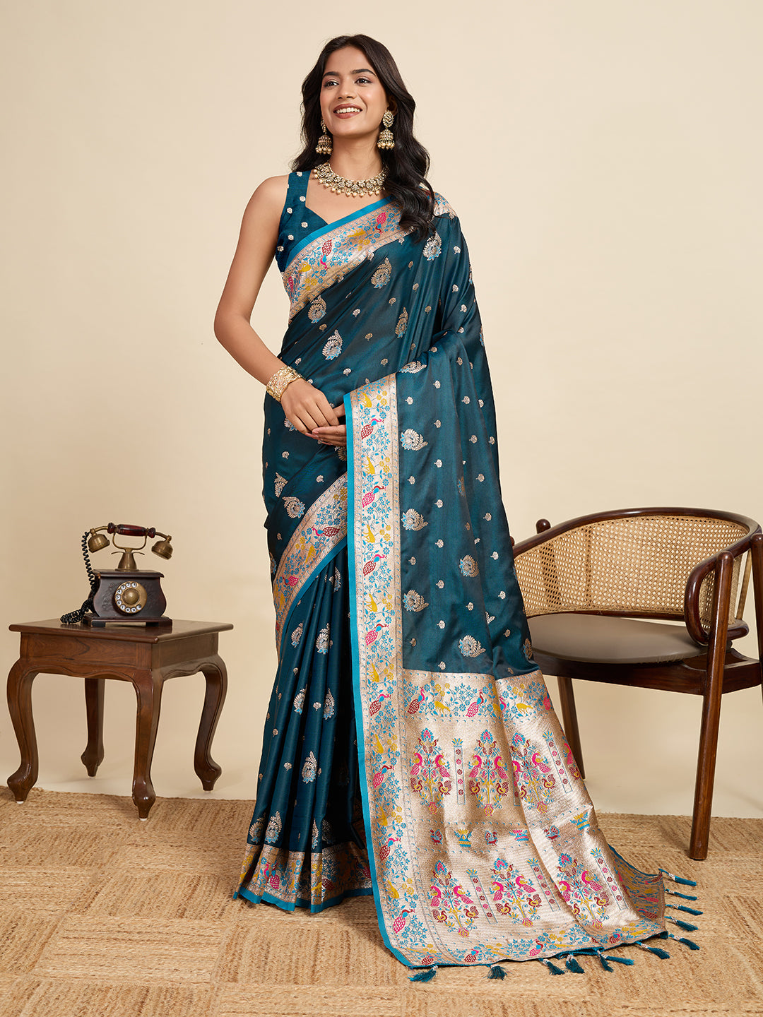 Blue Soft Silk Saree in Premium Two-Tone Satin with Paithani Design, Rich Zari Pallu & Contrast Mina Border