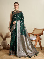 Soft Satin Silk Blue Saree with Rich Zari Motifs, Contrast Border & Elegant Blouse