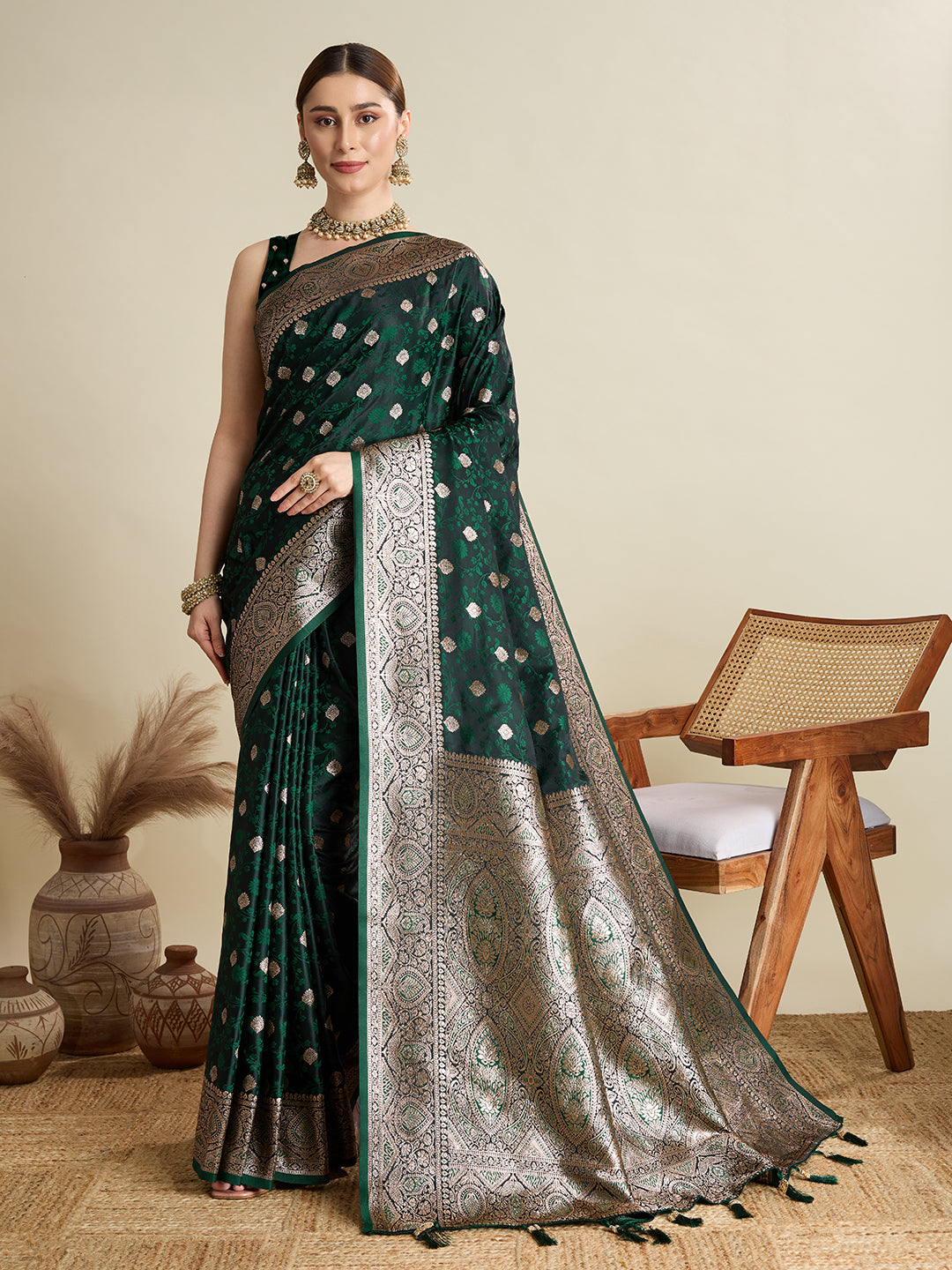 Soft Satin Silk Blue Saree with Rich Zari Motifs, Contrast Border & Elegant Blouse