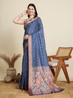 Soft, Breathable & Celebration-Ready: Semi Cotton Blue Sarees with Butti & Jacquard Elegance