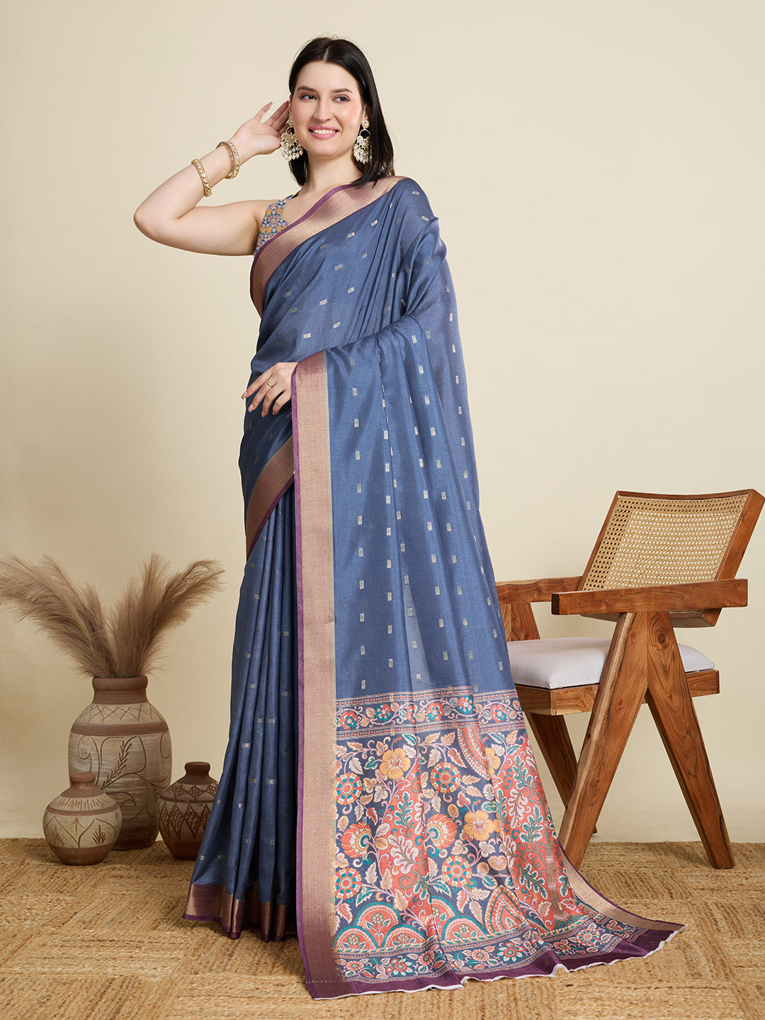 Soft, Breathable & Celebration-Ready: Semi Cotton Blue Sarees with Butti & Jacquard Elegance