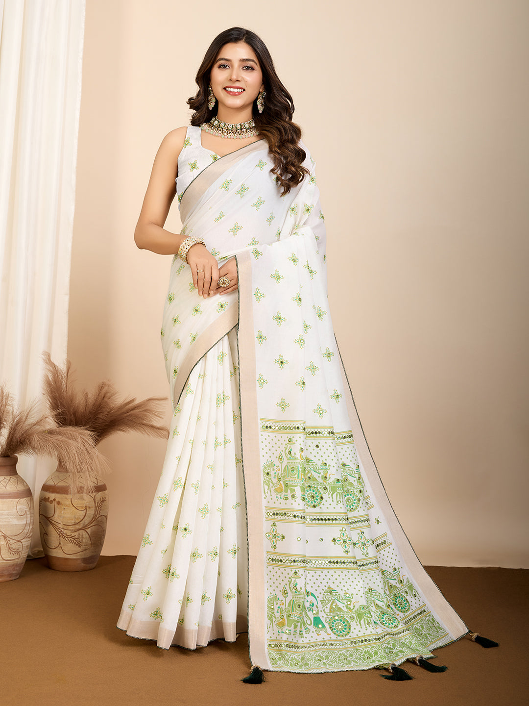 Pista Semi-Cotton Saree with Zari Border – Soft, Traditional & Elegant