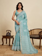 Women's Teal Color Linen Saree with Jari Border and Blouse – Printed All Over Designer