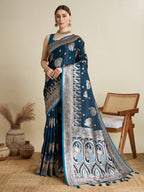 Soft Satin Silk Tourquise Blue Saree with Rich Zari Motifs, Contrast Border & Elegant Blouse