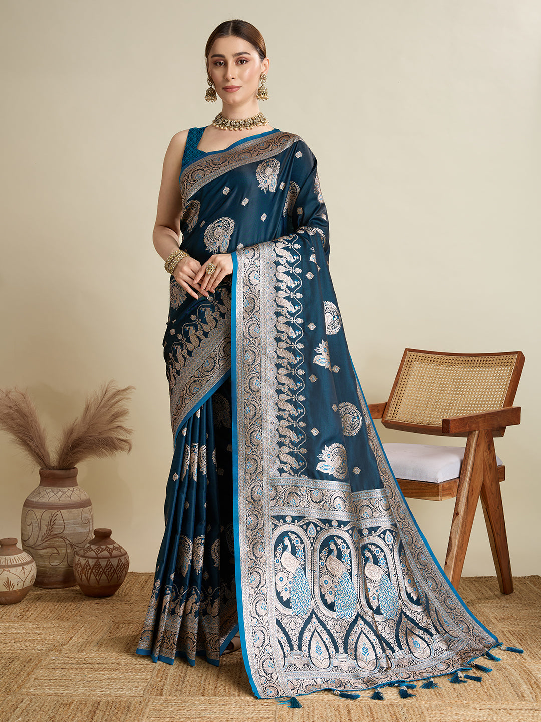 Soft Satin Silk Tourquise Blue Saree with Rich Zari Motifs, Contrast Border & Elegant Blouse