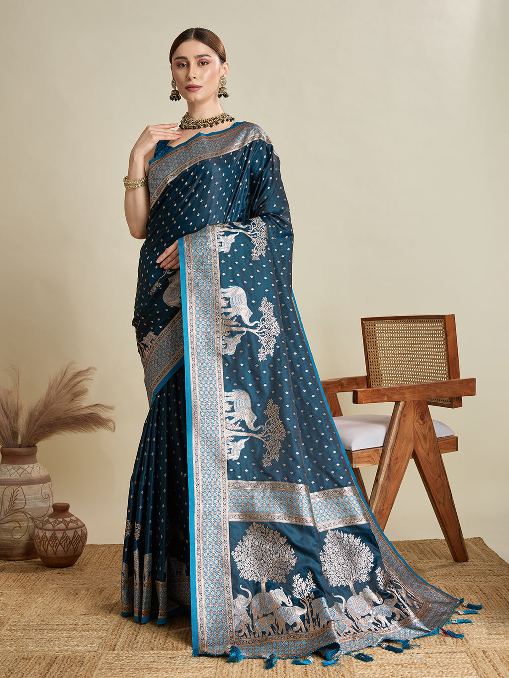 Soft Satin Silk Blue Saree with Rich Zari Motifs, Contrast Border & Elegant Blouse