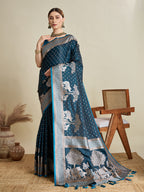 Soft Satin Silk Blue Saree with Rich Zari Motifs, Contrast Border & Elegant Blouse