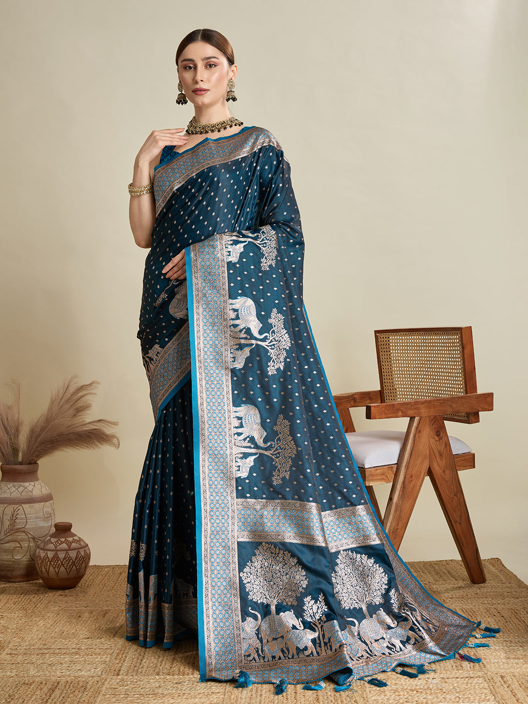 Soft Satin Silk Blue Saree with Rich Zari Motifs, Contrast Border & Elegant Blouse