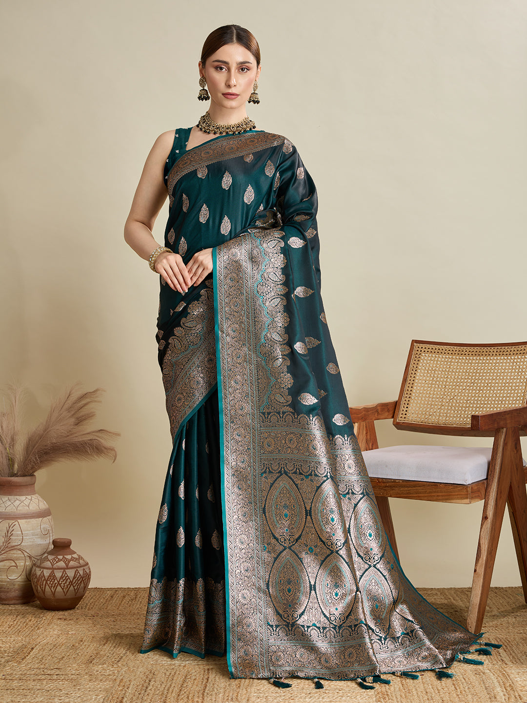 Soft Satin Silk Green Saree with Rich Zari Motifs, Contrast Border & Elegant Blouse