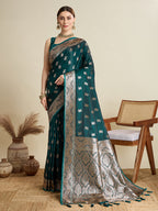 Soft Satin Silk Rama Green Saree with Rich Zari Motifs, Contrast Border & Elegant Blouse