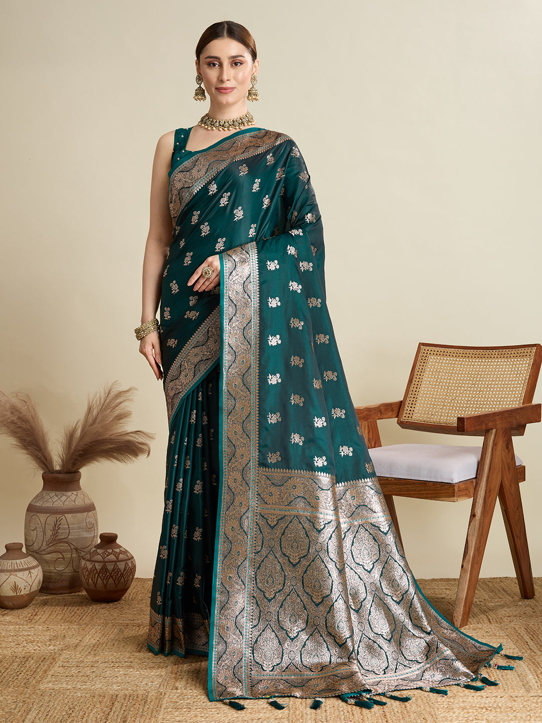 Soft Satin Silk Rama Green Saree with Rich Zari Motifs, Contrast Border & Elegant Blouse