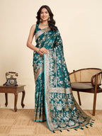Premium Teal Two-Tone Satin Soft Silk Saree with All Over Zari Work & Contrast Woven Border