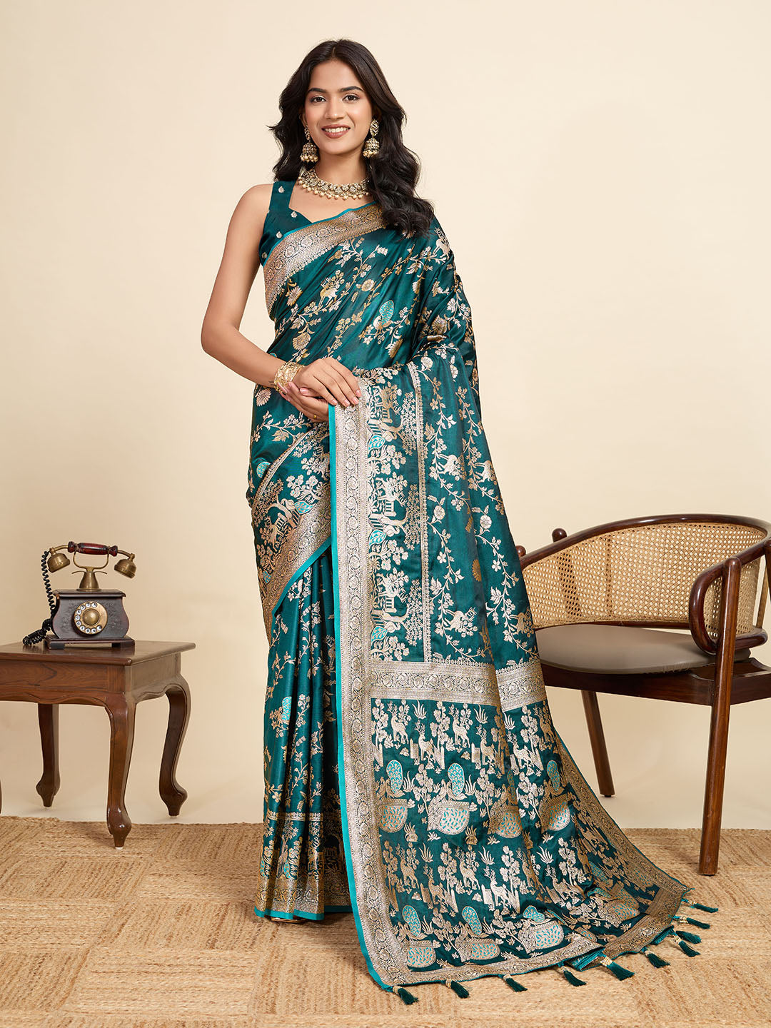 Premium Teal Two-Tone Satin Soft Silk Saree with All Over Zari Work & Contrast Woven Border