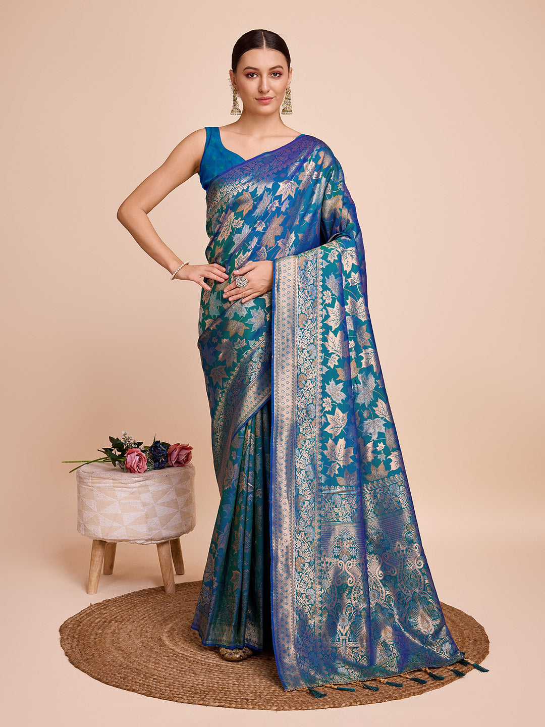Blue Pure Silk Saree – Double Zari Weaving with Soft Zari Border & Gold/Copper Contrast