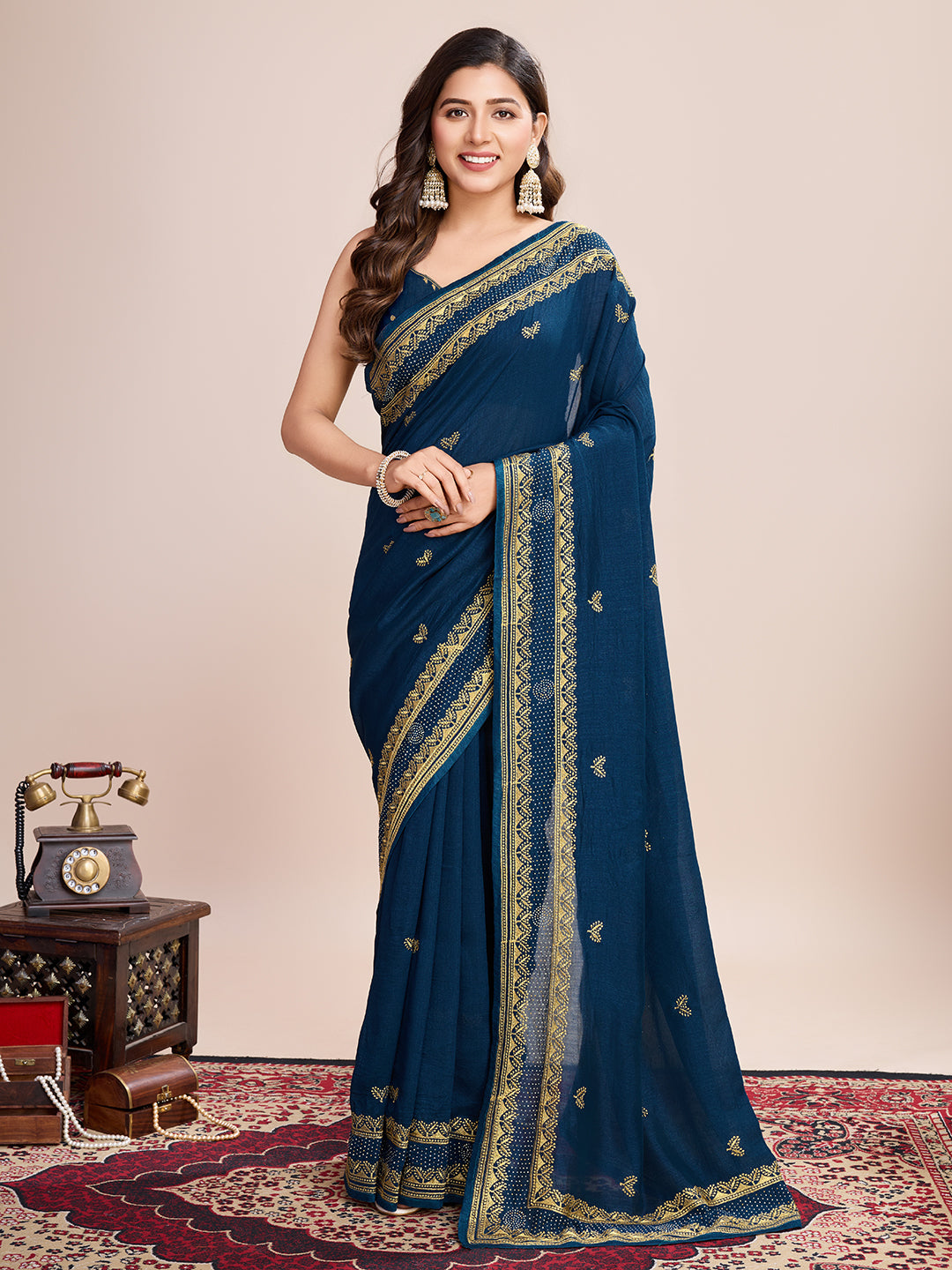 Soft Vichitra Silk Navy Blue  Saree with Intricate Multicolor Floral Work & Coordinated Embroidered